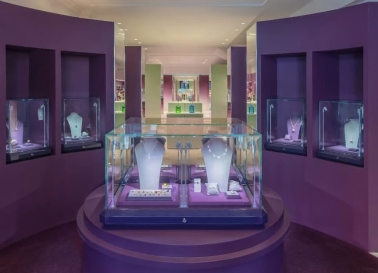 Asprey boutique interior with purple walls and jewellery display cases