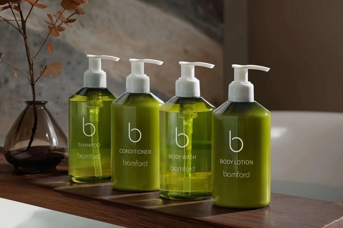 Bamford shampoo, conditioner, body wash and body lotion pump bottles