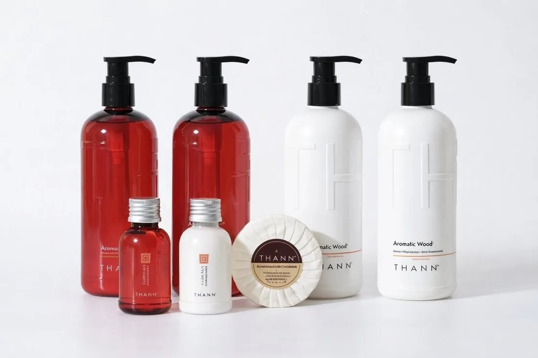 THANN pump bottles, small amenity bottles and soap