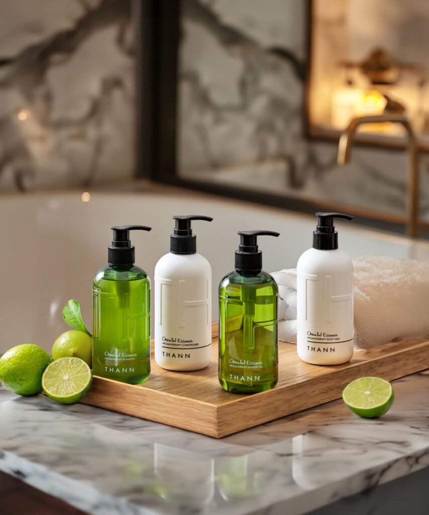 THANN pump bottles on a wooden tray with limes