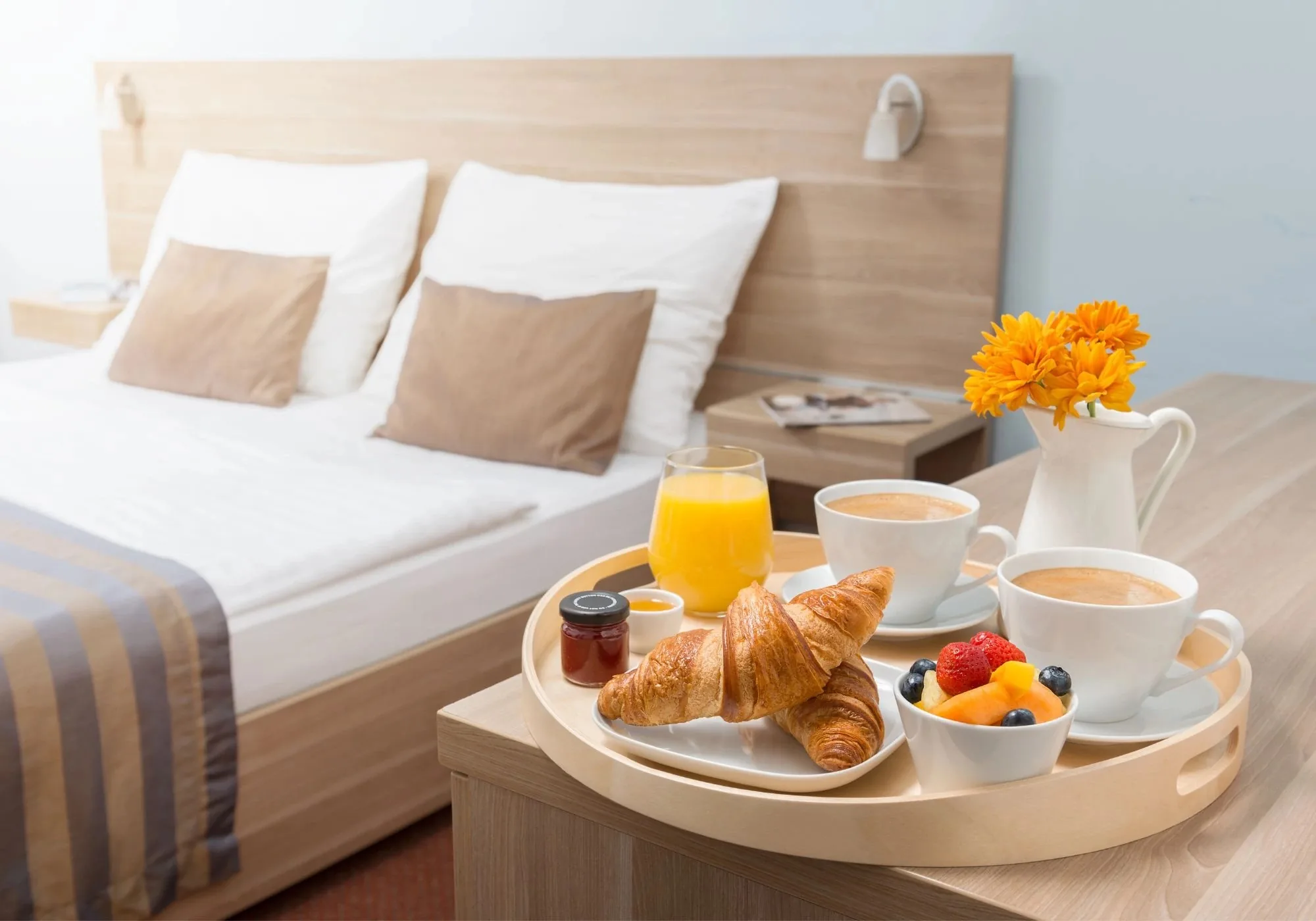 Breakfast served in a well-appointed hotel room