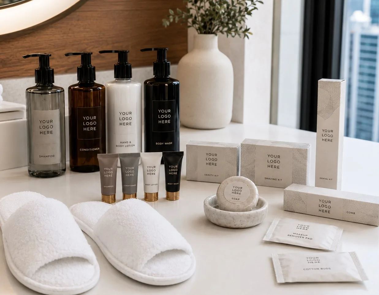 Custom-branded hotel bath amenities by Eastworld, shampoo, conditioner, body wash, soap, vanity and dental kits, comb, and slippers, each ready for your business's logo