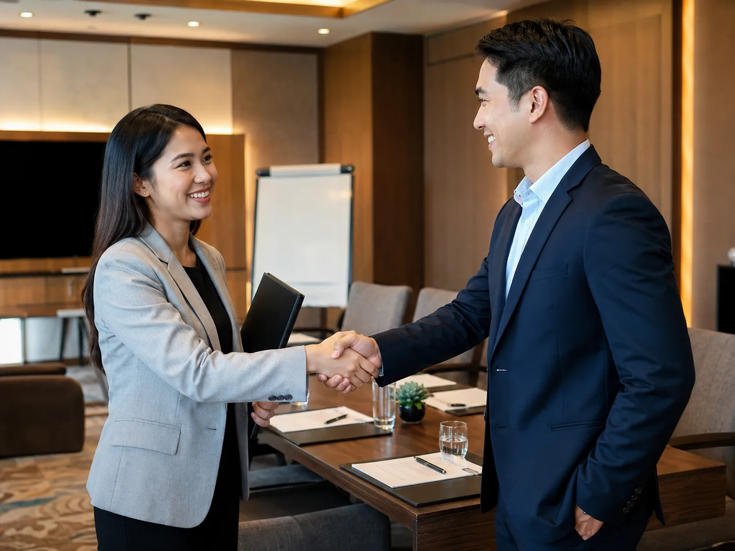 An Eastworld account manager and a Philippine hotel client closing a supply partnership