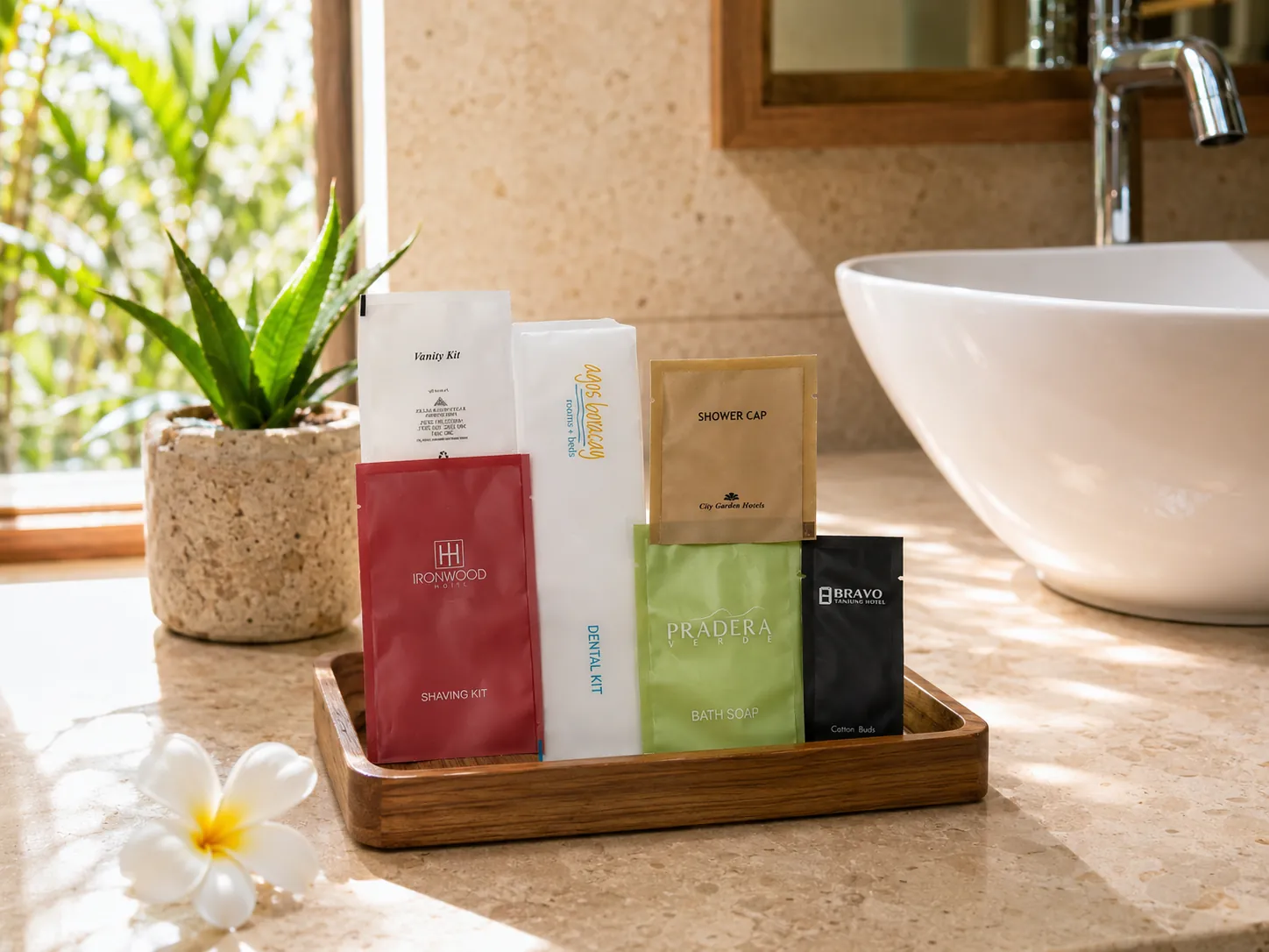 Finished hotel amenities, branded sachets and soaps on a wooden tray beside a bathroom basin