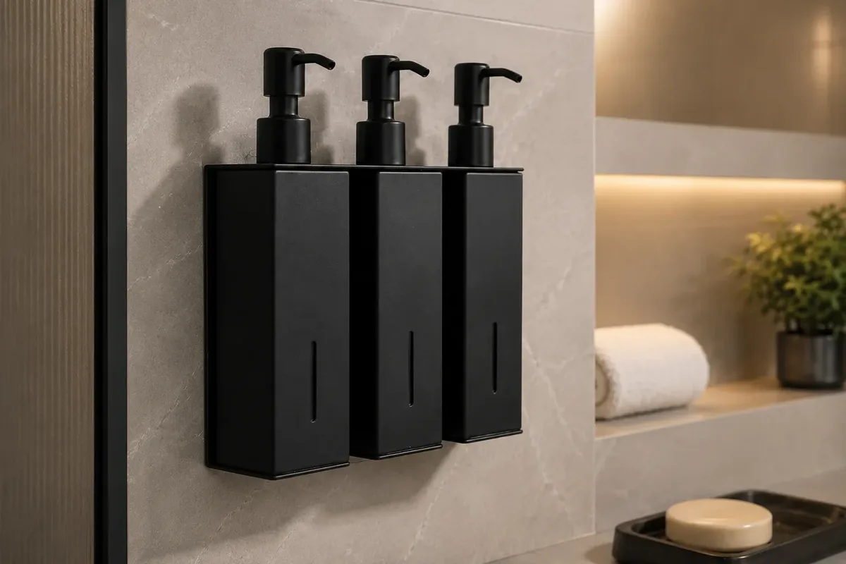 Wall-mounted matte black amenity dispensers