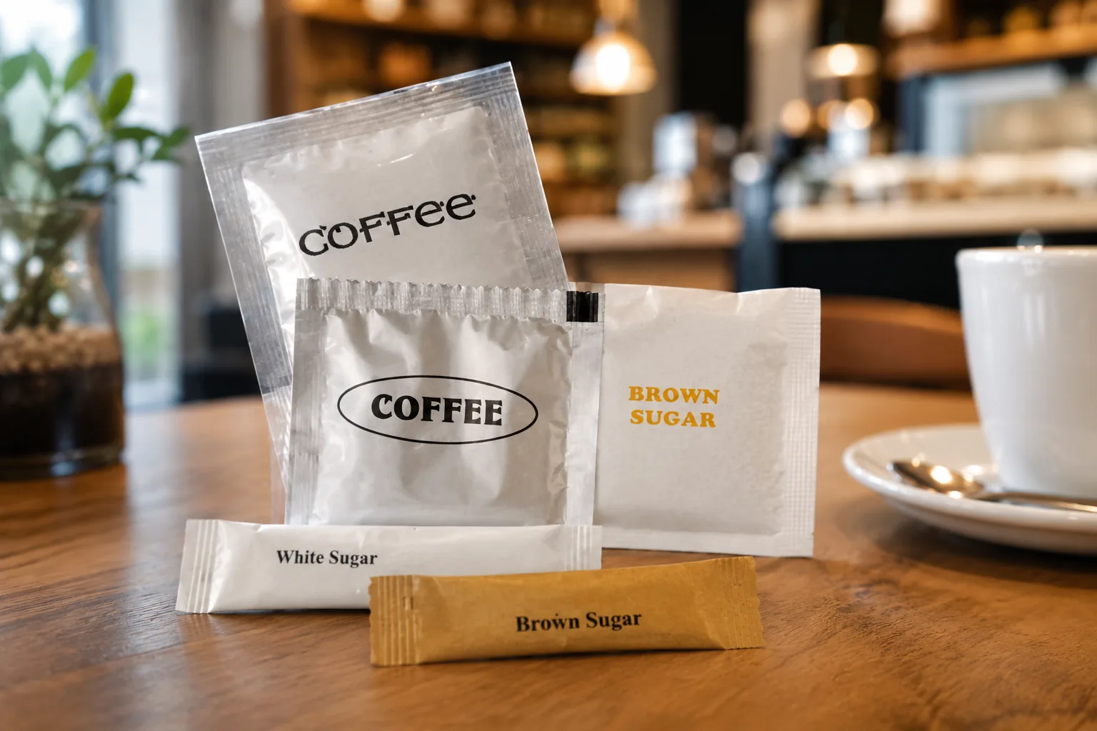 Coffee, white sugar and brown sugar sachets on a caf&eacute; table