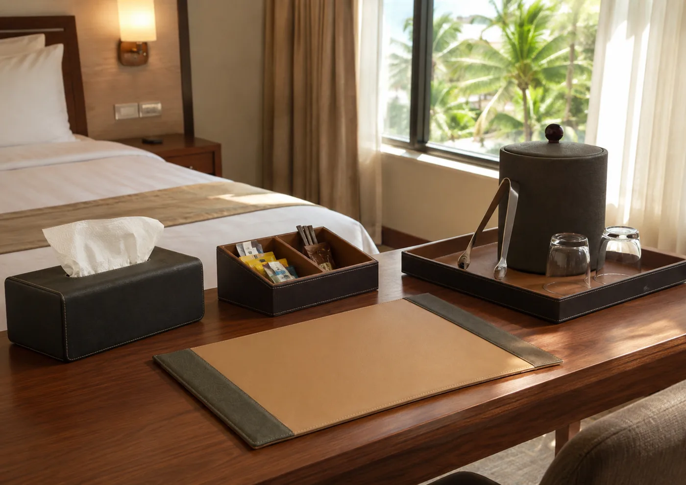Leather guest-room accessory set with tissue box cover, tea caddy and tray