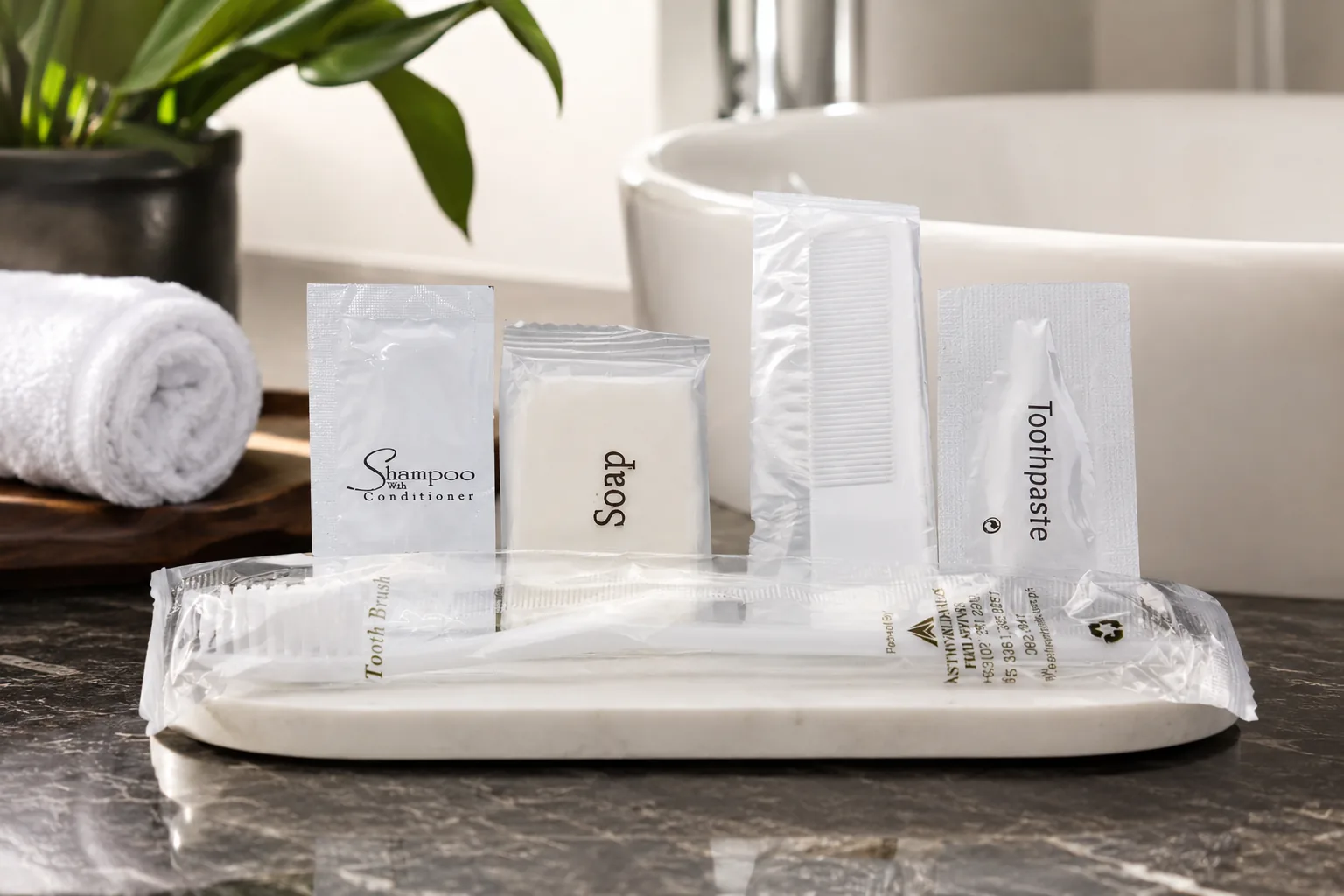 Hotel guest amenities on a marble tray beside a bathtub