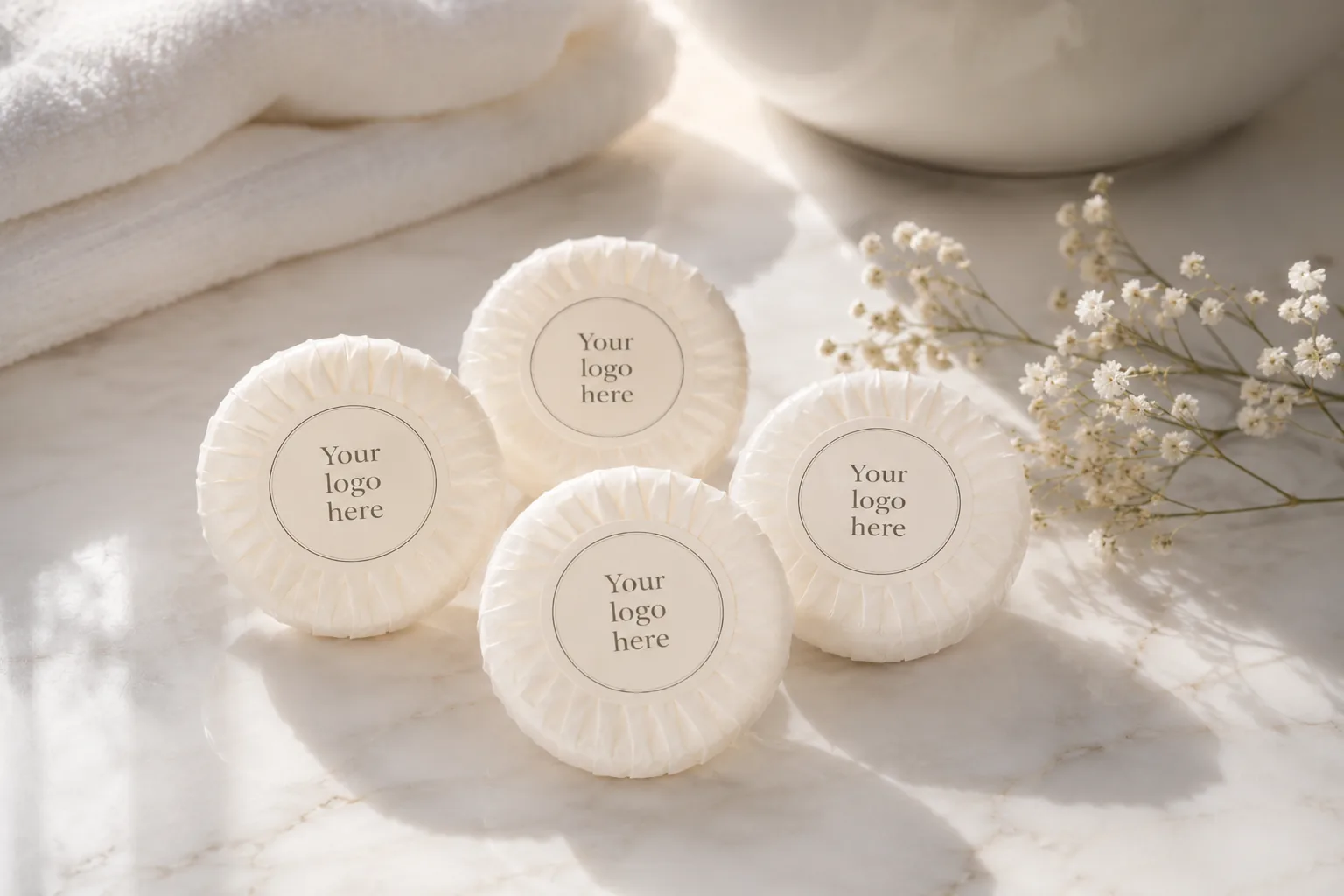 Wrapped hotel soaps printed with a custom logo