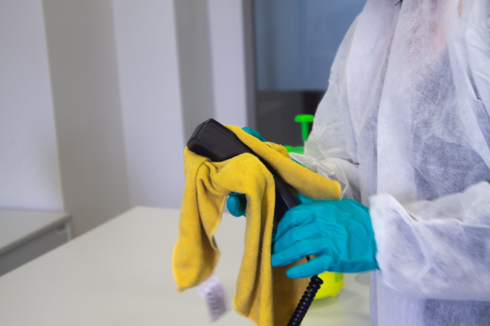 Cleaner in protective gear wiping with a yellow cloth
