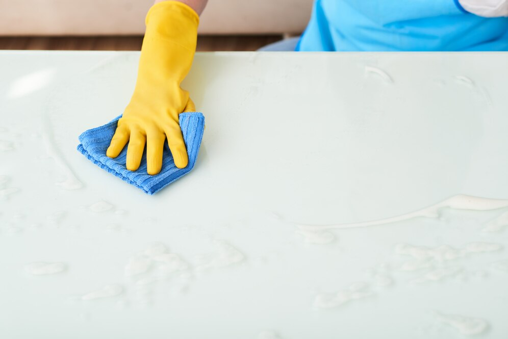 Gloved hand cleaning a white surface with a blue cloth