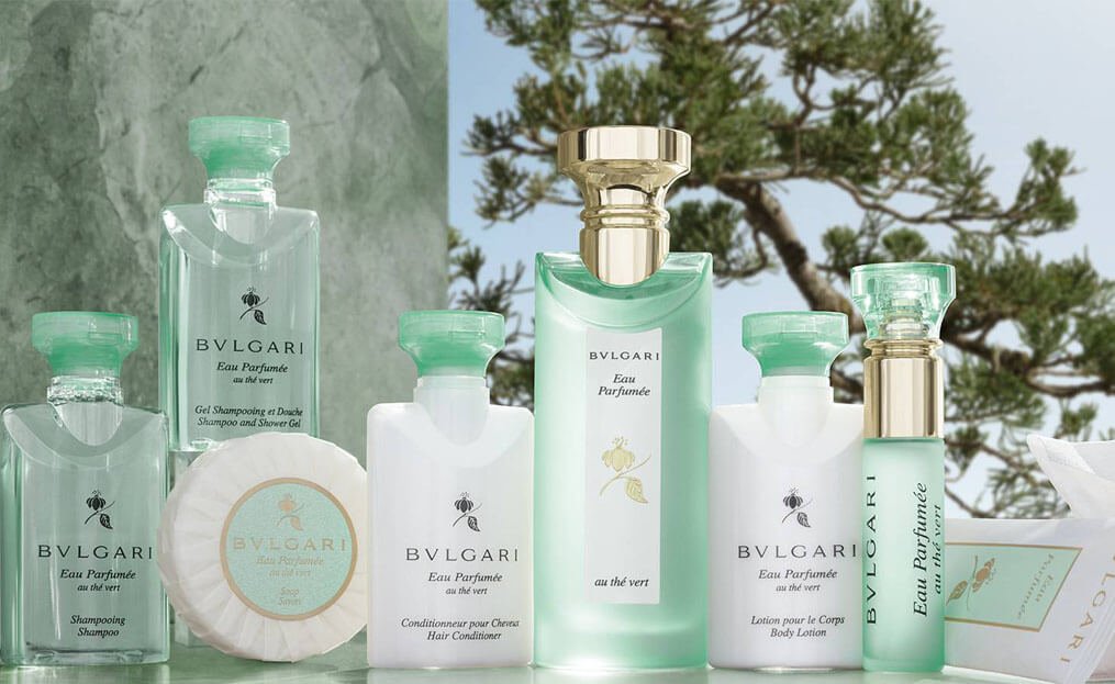 Bvlgari amenity bottles and soap with green leaves