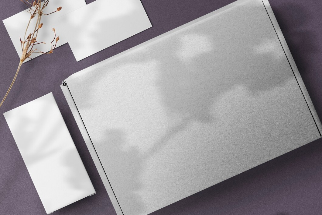 Plain white packaging box and cards on a dark surface